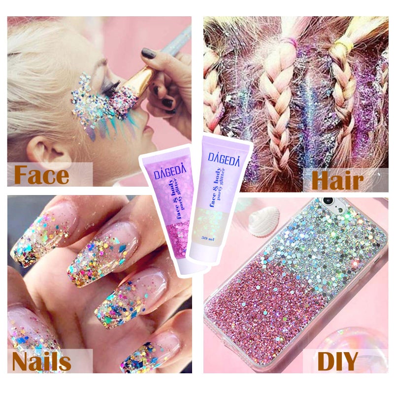DAGEDA Body Glitter Gel, Face Glitters Body Gel Sequins Shimmer Liquid Eyeshadow, Chunky Glitter for Face Hair Nails, Holographic Cosmetic Laser Powder Festival Makeup 50ml(Pink) - Image 2