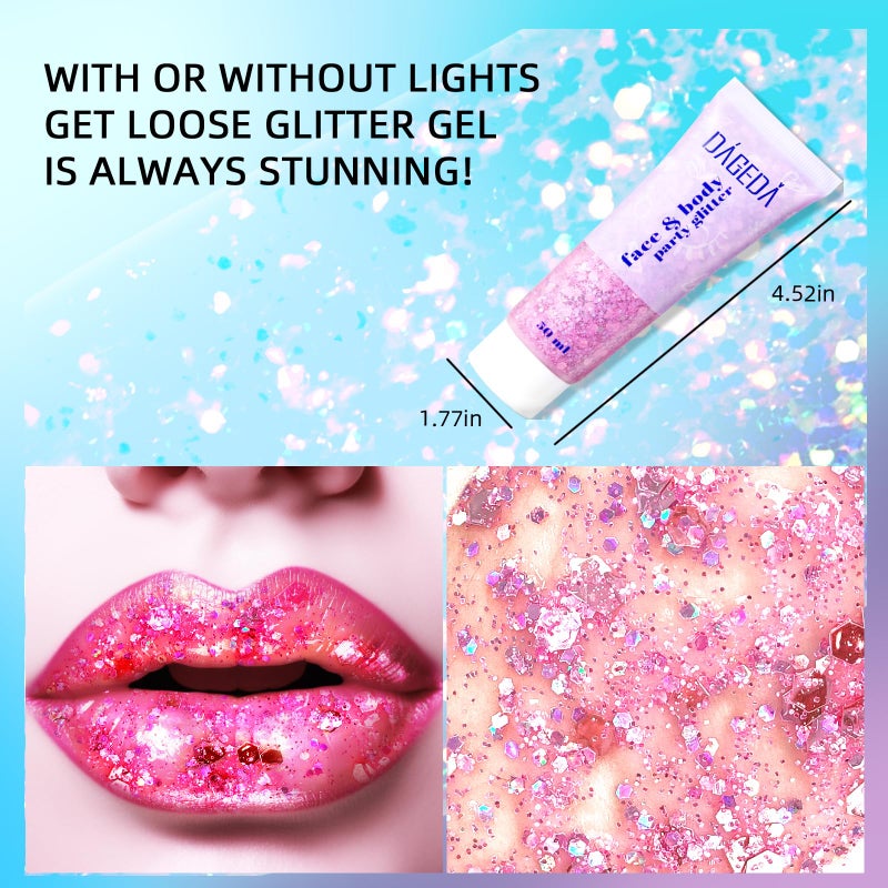 DAGEDA Body Glitter Gel, Face Glitters Body Gel Sequins Shimmer Liquid Eyeshadow, Chunky Glitter for Face Hair Nails, Holographic Cosmetic Laser Powder Festival Makeup 50ml(Pink) - Image 3