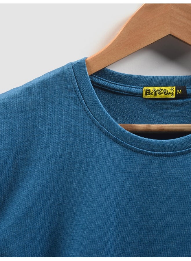 Beyoung - Teal Blue Plain T-shirt For Men - Image 1