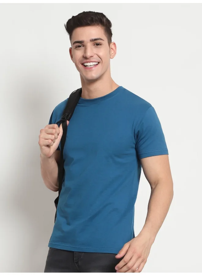 Beyoung Teal Blue Plain T-shirt For Men