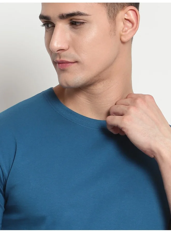 Beyoung Teal Blue Plain T-shirt For Men