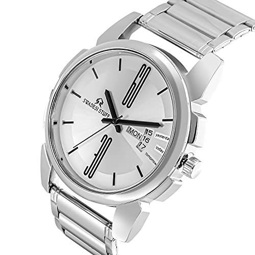 SWADESI STUFF White Dial Round Shape Elegant Day & Date Functioning Stainless Steel Strap Premium Analog Watch For Men And Boys, Band Color-Silver - Image 2