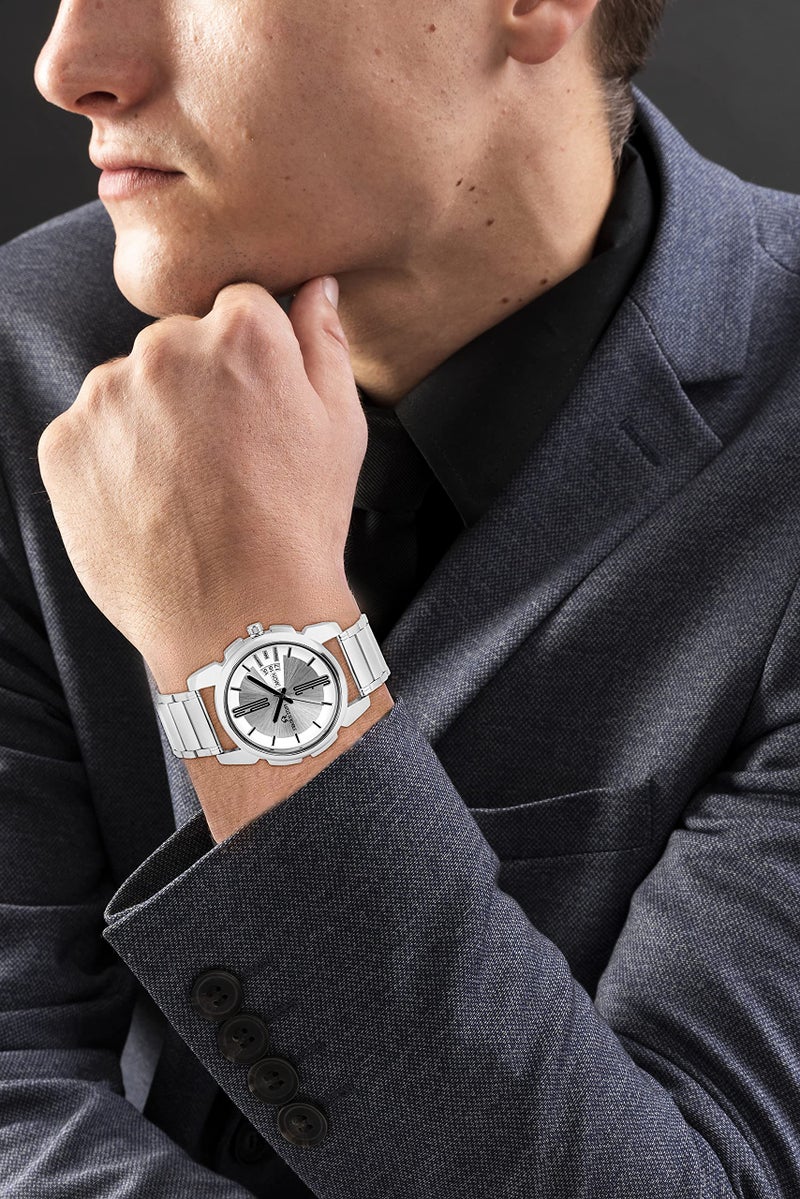 SWADESI STUFF White Dial Round Shape Elegant Day & Date Functioning Stainless Steel Strap Premium Analog Watch For Men And Boys, Band Color-Silver - Image 5