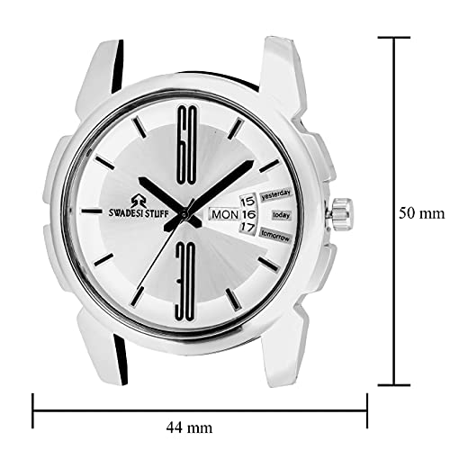 SWADESI STUFF White Dial Round Shape Elegant Day & Date Functioning Stainless Steel Strap Premium Analog Watch For Men And Boys, Band Color-Silver - Image 3