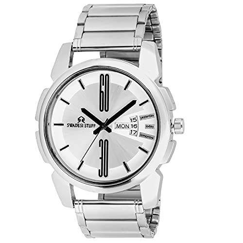 SWADESI STUFF White Dial Round Shape Elegant Day & Date Functioning Stainless Steel Strap Premium Analog Watch For Men And Boys, Band Color-Silver - Image 1