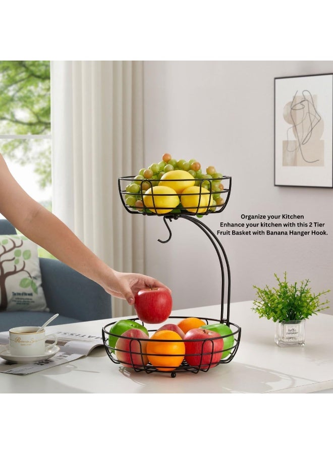Relex 2 Tier Fruit Basket, Vegetables Countertop Bowl Storage With Banana Hanger, Detachable Bread, Snacks Baskets Holder Large Capacity Fruit Tray - Image 3