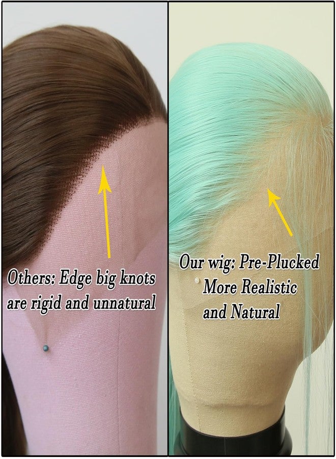 BTWTRY Mint Green Synthetic Lace Front Wig Long Straight Mint Lace Front Synthetic Wig Pre Plucked Natural Hairline Glueless Heat Resistant Fiber Hair Wig for Fashion Women (Mint Green) - Image 3