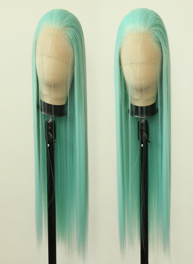 BTWTRY Mint Green Synthetic Lace Front Wig Long Straight Mint Lace Front Synthetic Wig Pre Plucked Natural Hairline Glueless Heat Resistant Fiber Hair Wig for Fashion Women (Mint Green) - Image 5