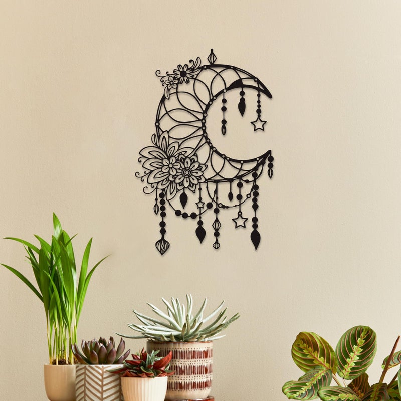 Xedatric Matte Black Moon Phase Wall Decorâ€“Elegant Metal Moon Wall Art with Floral & Hanging Starsâ€“Celestial Bedroom Decor for Indoor & Outdoor - Image 5