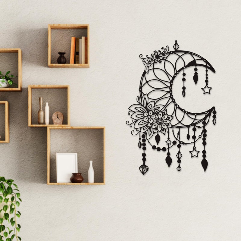 Xedatric Matte Black Moon Phase Wall Decorâ€“Elegant Metal Moon Wall Art with Floral & Hanging Starsâ€“Celestial Bedroom Decor for Indoor & Outdoor - Image 3
