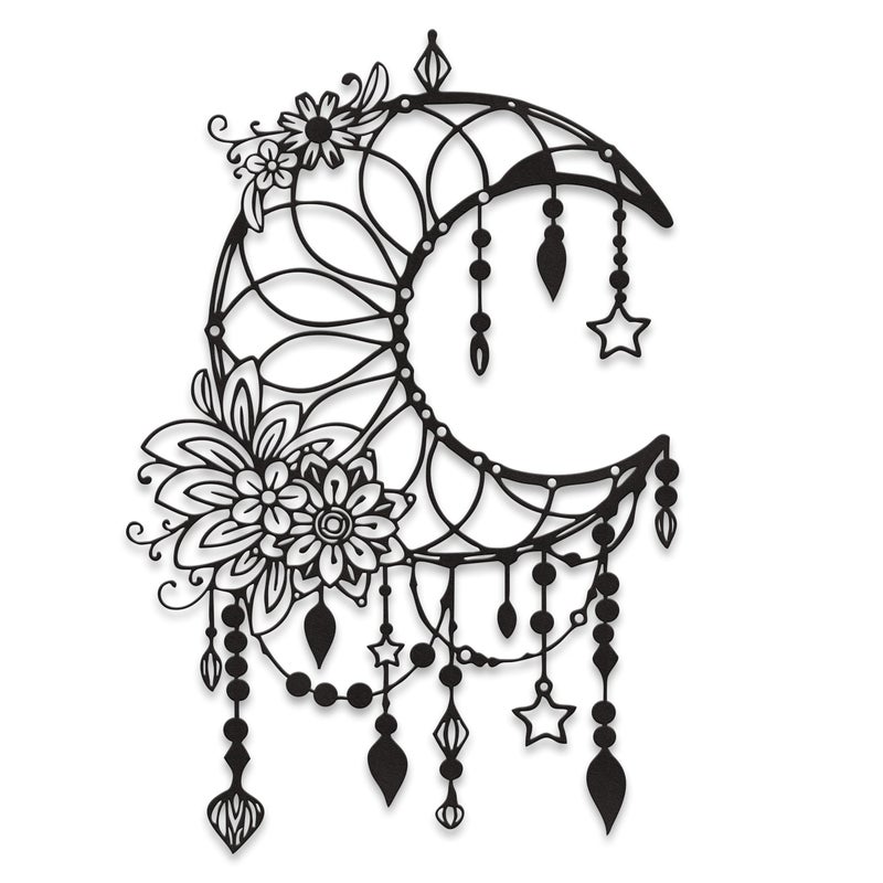 Xedatric Matte Black Moon Phase Wall Decorâ€“Elegant Metal Moon Wall Art with Floral & Hanging Starsâ€“Celestial Bedroom Decor for Indoor & Outdoor - Image 1
