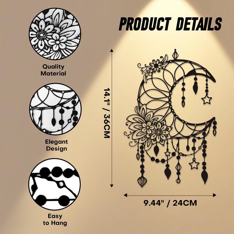 Xedatric Matte Black Moon Phase Wall Decorâ€“Elegant Metal Moon Wall Art with Floral & Hanging Starsâ€“Celestial Bedroom Decor for Indoor & Outdoor - Image 2
