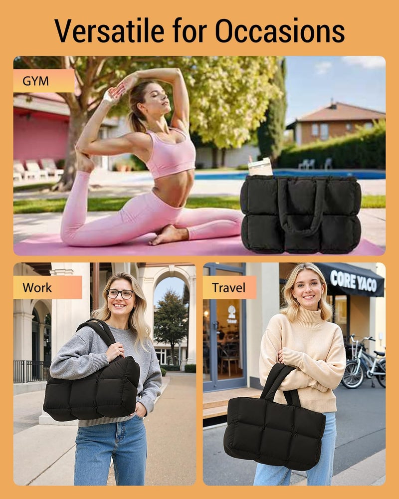 Herald Puffer Tote Bag for Women, Large Quilted Puffy Handbag Lightweight Satchel Purse with Cup Holder & Compartment (Black) - Image 2