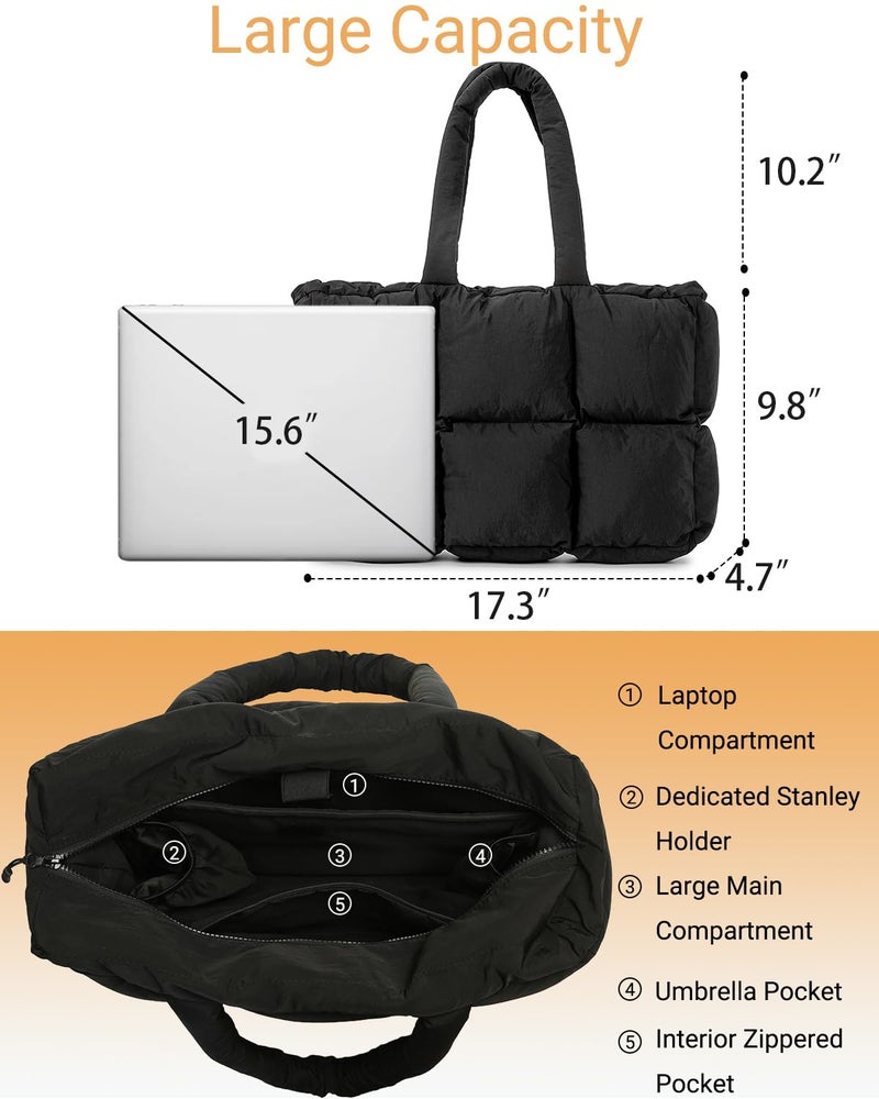 Herald Puffer Tote Bag for Women, Large Quilted Puffy Handbag Lightweight Satchel Purse with Cup Holder & Compartment (Black) - Image 5
