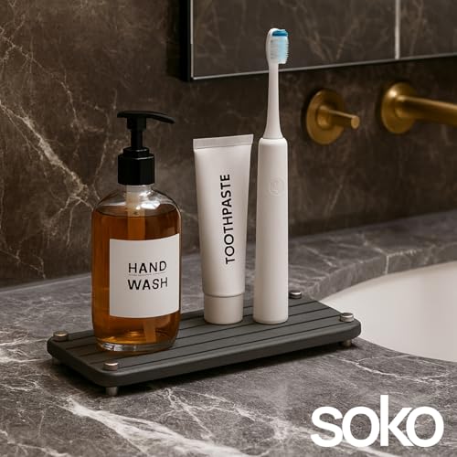 Soko Diatomite Sink Caddy | Quick Dry Non-Slip Stone Tray for Home, Toiletries, Coaster, Dish Dispenser, Sponge Rack Storage | Instant Water Absorbing Stone Organizer for Bathroom & Kitchen - Linear - Image 2