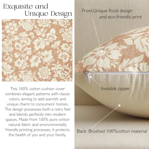 MUSSEL Light Coral Floral Pillow Covers 18x18，Vintage Decorative Throw Pillow Patterned Covers Neutral Modern Farmhouse Cushions Cotton Accent Covers for Sofa Bed Living Room Pillowcases Set of 2 - Image 4