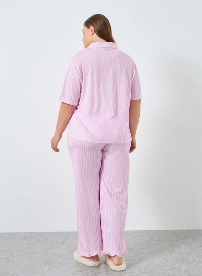 ستايلي Styli Plus Size Pink Striped Shirt and Pyjama Set