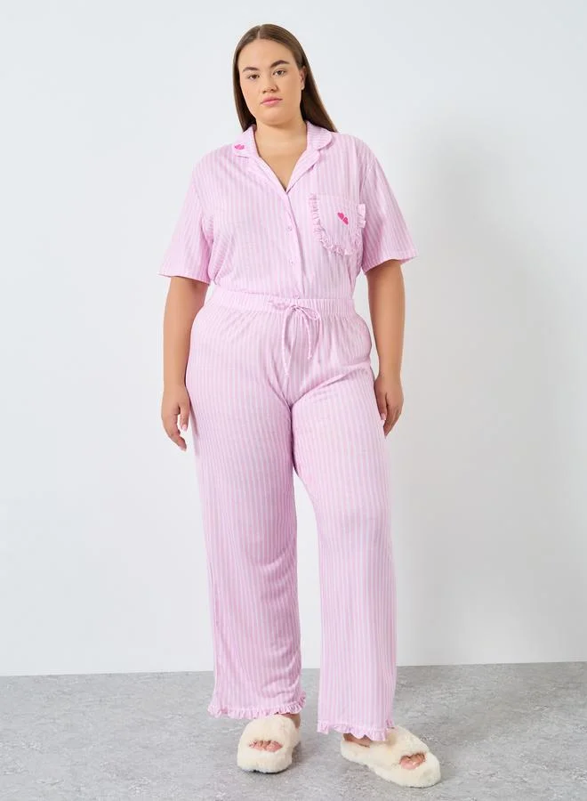 ستايلي Styli Plus Size Pink Striped Shirt and Pyjama Set