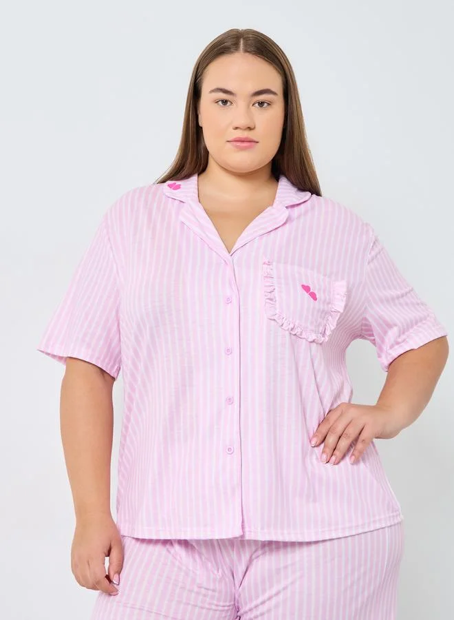 ستايلي Styli Plus Size Pink Striped Shirt and Pyjama Set
