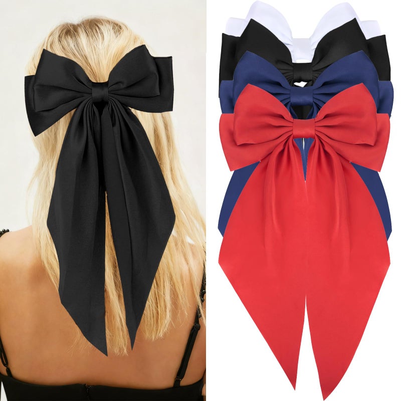 Wecoe 4pcs Satin Hair Accessories - Large Bows, Hair Barrettes, Clips With Long Tails for Women & Girls in White, Black, Navy Blue, Red - Cute Kawaii Summer Gift - Image 1