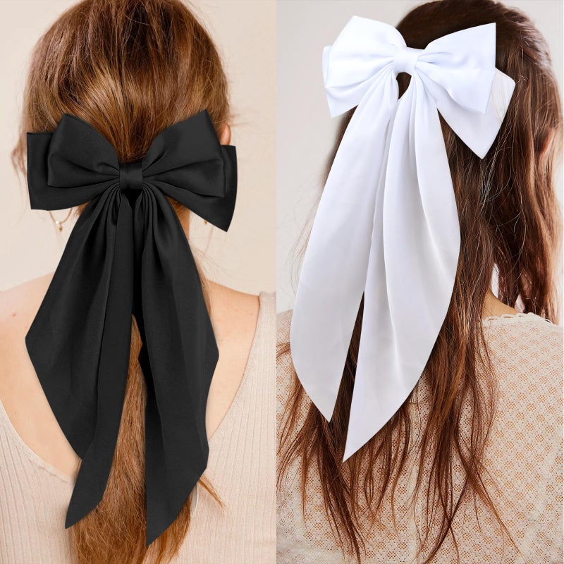 Wecoe 4pcs Satin Hair Accessories - Large Bows, Hair Barrettes, Clips With Long Tails for Women & Girls in White, Black, Navy Blue, Red - Cute Kawaii Summer Gift - Image 2