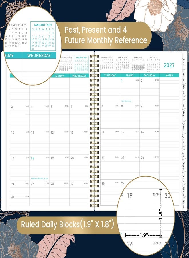 Pinchoco 2026-2027 Monthly Planner - 9" x 11" 18 Months Calendar Planner, Jul. 2026 - Dec. 2027, 26-27 Monthly Calendar Planner with Tabs, Pocket, Thick Paper, Note Pages, Twin-Wire Binding - Engraved Floral - Image 3