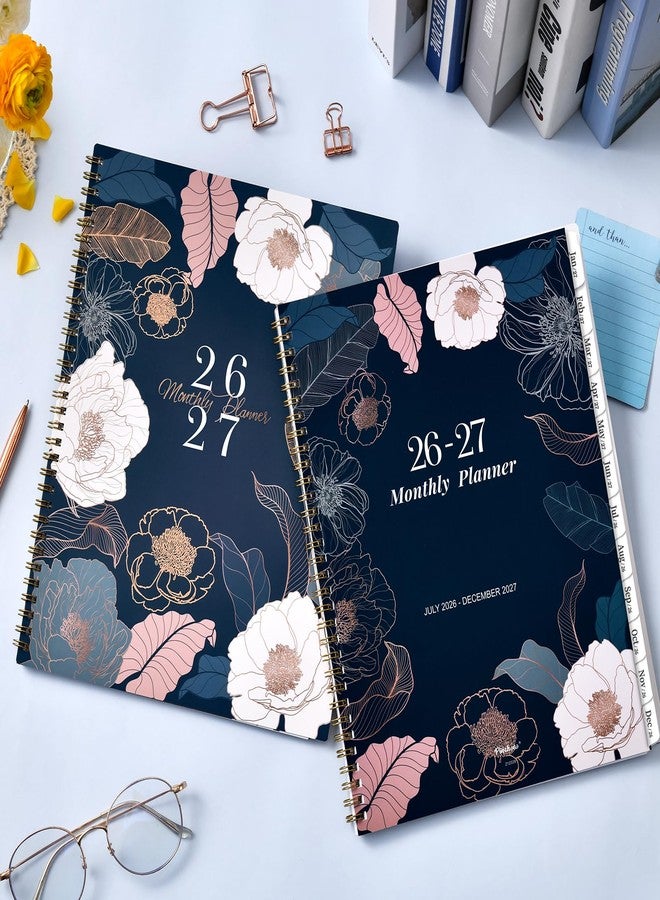 Pinchoco 2026-2027 Monthly Planner - 9" x 11" 18 Months Calendar Planner, Jul. 2026 - Dec. 2027, 26-27 Monthly Calendar Planner with Tabs, Pocket, Thick Paper, Note Pages, Twin-Wire Binding - Engraved Floral - Image 2