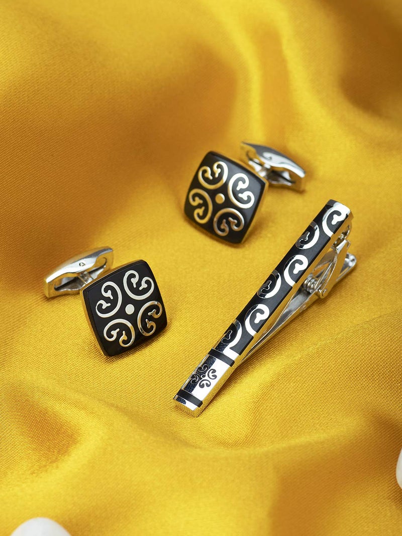 Peora Black Silver Decorative Combo Tie Pin and Cufflinks Set for Men Boys Wedding Business Gift - Image 2