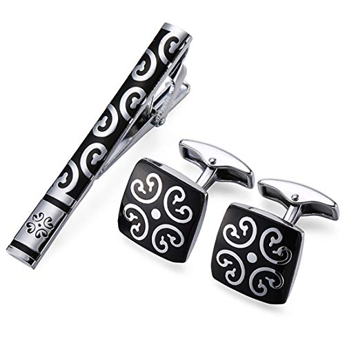 Peora Black Silver Decorative Combo Tie Pin and Cufflinks Set for Men Boys Wedding Business Gift - Image 1