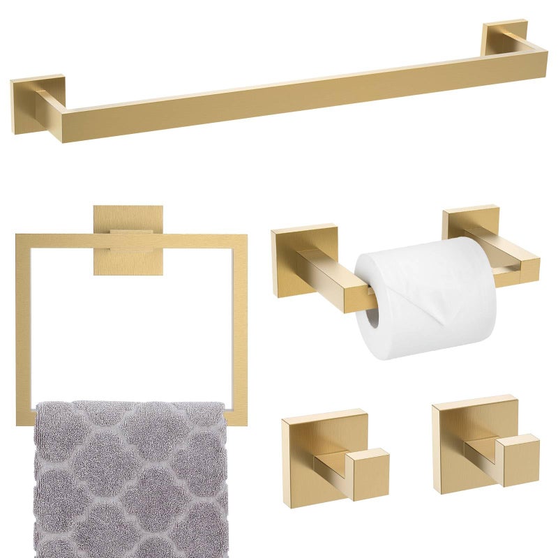 TNOMS 5Piece Towel Bar Set Brushed Gold Bathroom Hardware Accessories Set Includes Upgraded Double Base Toilet Paper HolderModern Square Towel Holder Set Stainless Steel Wall Mount 236 Inch - Image 2