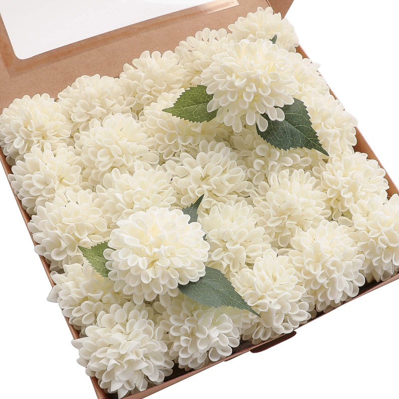 Floroom Artificial Dahlia Flowers 25pcs Real Looking Ivory Foam Fake Roses with Stems for DIY Wedding Bouquets White Bridal Shower Centerpieces Floral Arrangements Party Tables Home Decoration - Image 1