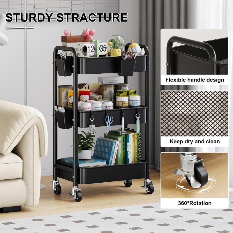 Aofure 3 Tier Rolling Cart Metal with Wheels, Black Three Tiered Art Cart Organizer on Wheels, Storage Utility Trolley Carts for Kithcen, Craft, Nail, Lash, Makeup, Salon,Bedside, Bathroom, Office, Snack - Image 4