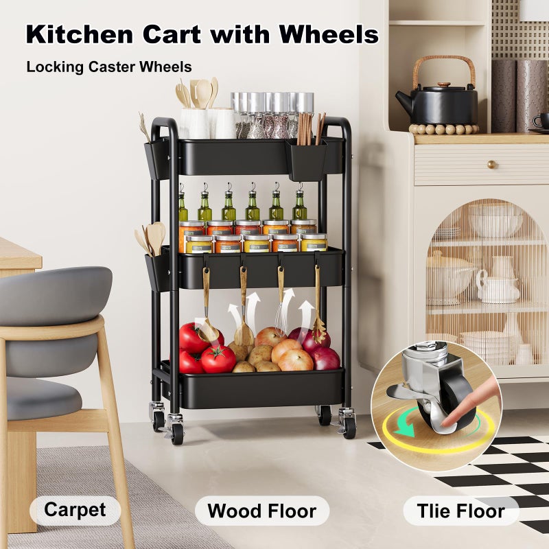 Aofure 3 Tier Rolling Cart Metal with Wheels, Black Three Tiered Art Cart Organizer on Wheels, Storage Utility Trolley Carts for Kithcen, Craft, Nail, Lash, Makeup, Salon,Bedside, Bathroom, Office, Snack - Image 3