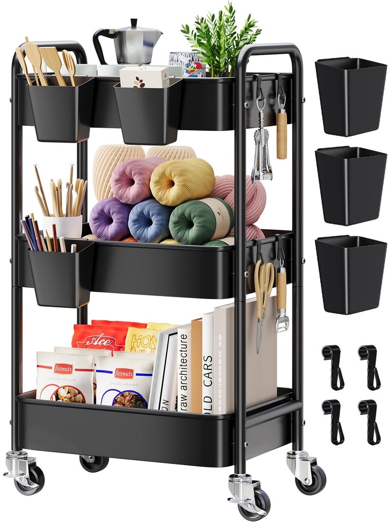 Aofure 3 Tier Rolling Cart Metal with Wheels, Black Three Tiered Art Cart Organizer on Wheels, Storage Utility Trolley Carts for Kithcen, Craft, Nail, Lash, Makeup, Salon,Bedside, Bathroom, Office, Snack - Image 1