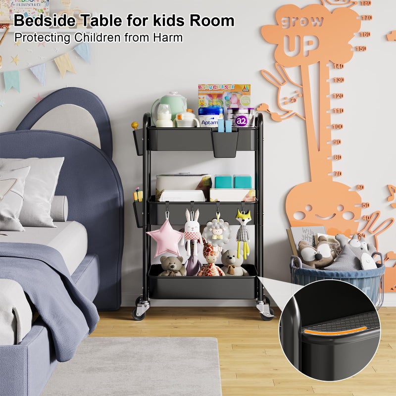 Aofure 3 Tier Rolling Cart Metal with Wheels, Black Three Tiered Art Cart Organizer on Wheels, Storage Utility Trolley Carts for Kithcen, Craft, Nail, Lash, Makeup, Salon,Bedside, Bathroom, Office, Snack - Image 2