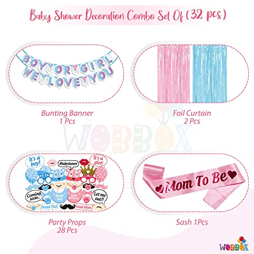 WOBBOX Baby Shower Combo of Party Props 30 Pcs & Boy Or Girl We Love You Bunting Banner, Mom to be Light Pink Sash, with Blue & Pink Foil Fringe, Baby Shower Decoration Item (Pack of 4) - Image 2