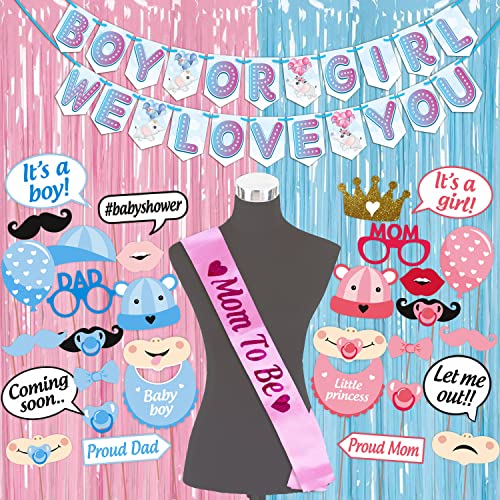 WOBBOX Baby Shower Combo of Party Props 30 Pcs & Boy Or Girl We Love You Bunting Banner, Mom to be Light Pink Sash, with Blue & Pink Foil Fringe, Baby Shower Decoration Item (Pack of 4) - Image 1