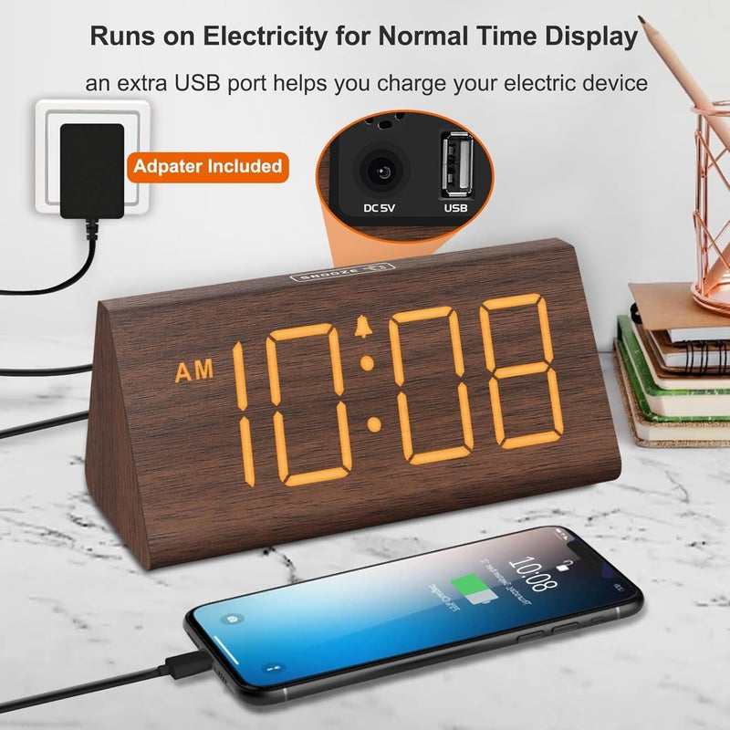 دريم سكاي ساعة منبه رقمية خشبية من للغرف - ساعة مكتب كهربائية بأرقام كبيرة، منفذ USB، منبه عالي الصوت للنوم العميق، حجم قابل للتعديل، مخفت، غفوة، التوقيت الصيفي، 12/24 ساعة، ديكور خشبي (بني) - Image 5