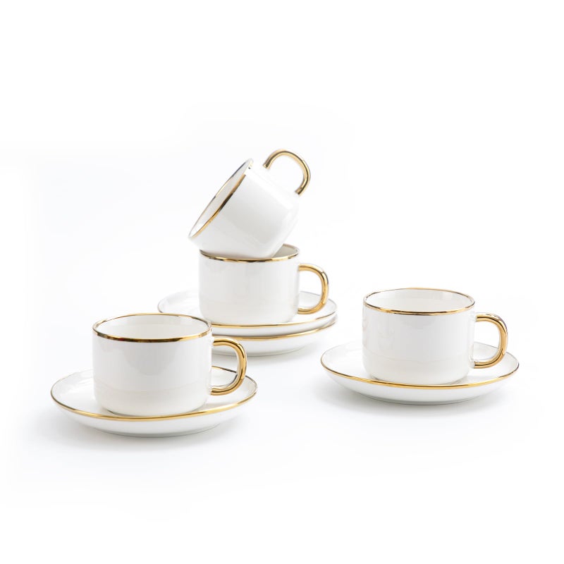 Agyiuns Tea Cups and Saucers with Gold Trim, 6.76 Ounce White Porcelain Tea Set & Coffee Cups for Latte, Cafe Mocha, Tea-Set of 4,Porcelain Mugs for Kitchen or Cafe(white and gold) - Image 1