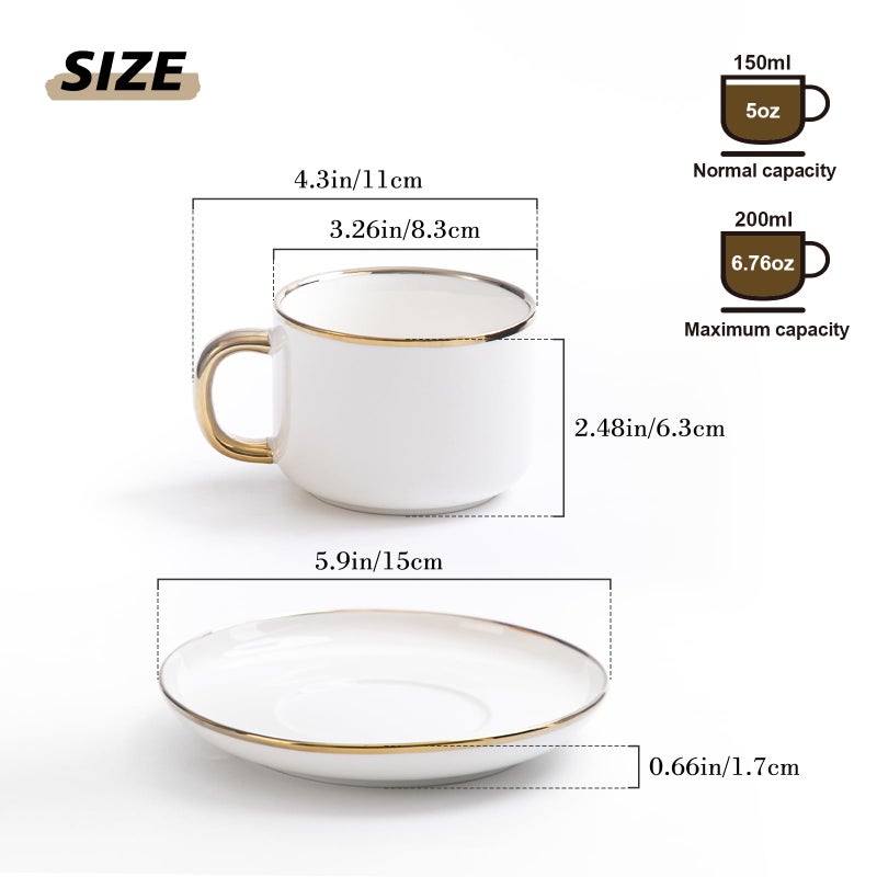 Agyiuns Tea Cups and Saucers with Gold Trim, 6.76 Ounce White Porcelain Tea Set & Coffee Cups for Latte, Cafe Mocha, Tea-Set of 4,Porcelain Mugs for Kitchen or Cafe(white and gold) - Image 4