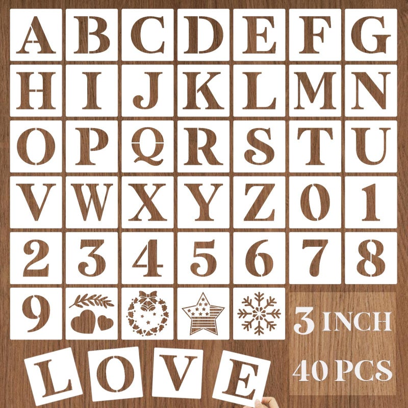 YEAJON 3 Inch Letter Stencils and Numbers 40 Pcs Alphabet Drawing Templates Reusable Plastic Art Craft Stencils for Painting on Wood Wall Fabric Rock Signage Door Porch