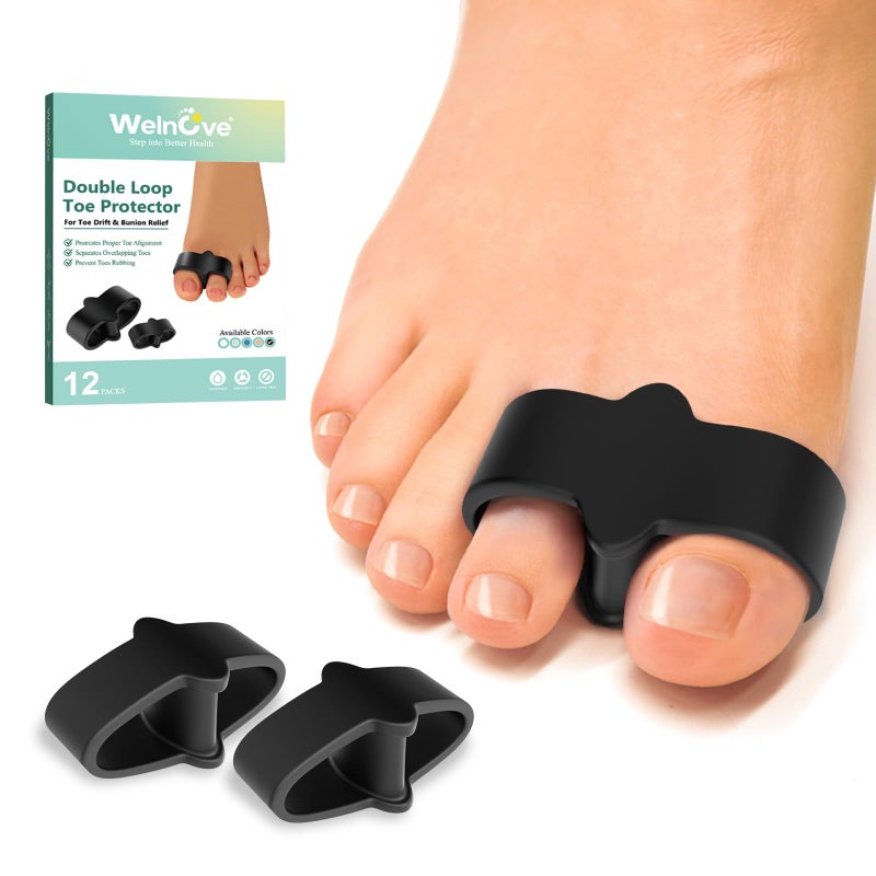 Welnove Pack of 12 Bunion Corrector Toe Separators with 2 Loops Big Toe Spacer Suitable for Bunion and Overlap Toe Black - Image 3