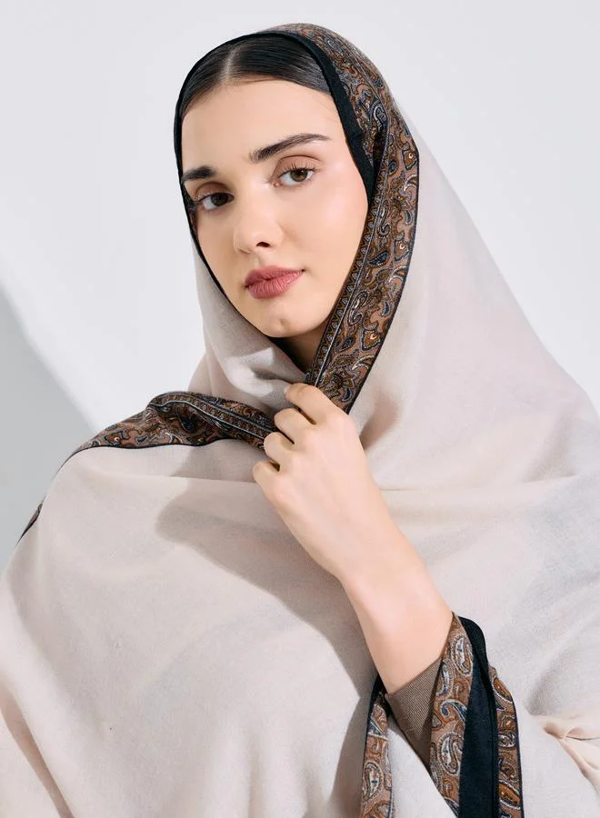 Amirah Beige Printed Border Hijab 80x180 cm