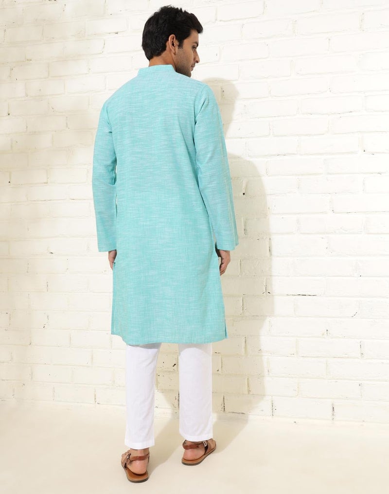Fabindia Men Teal Mandarin Collar Long Sleeves Kurta - Image 3