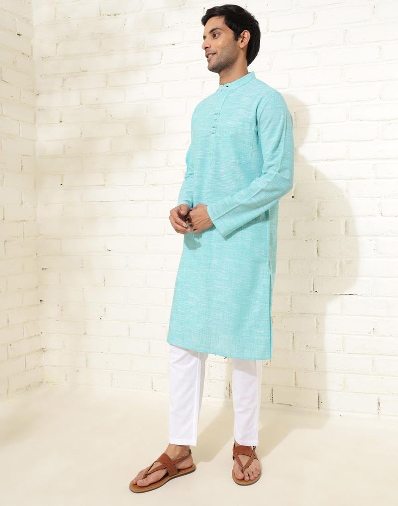 Fabindia Men Teal Mandarin Collar Long Sleeves Kurta - Image 4