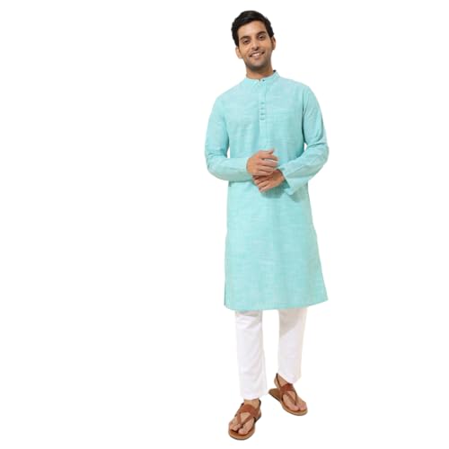 Fabindia Men Teal Mandarin Collar Long Sleeves Kurta - Image 1