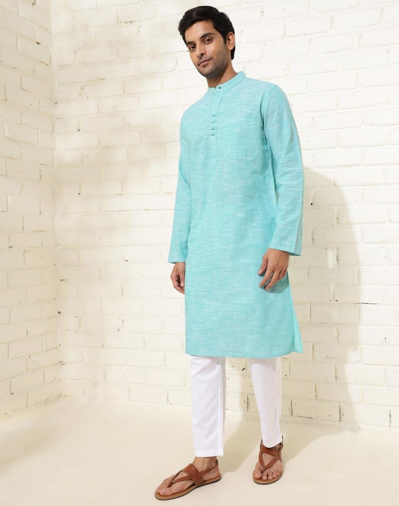 Fabindia Men Teal Mandarin Collar Long Sleeves Kurta - Image 2