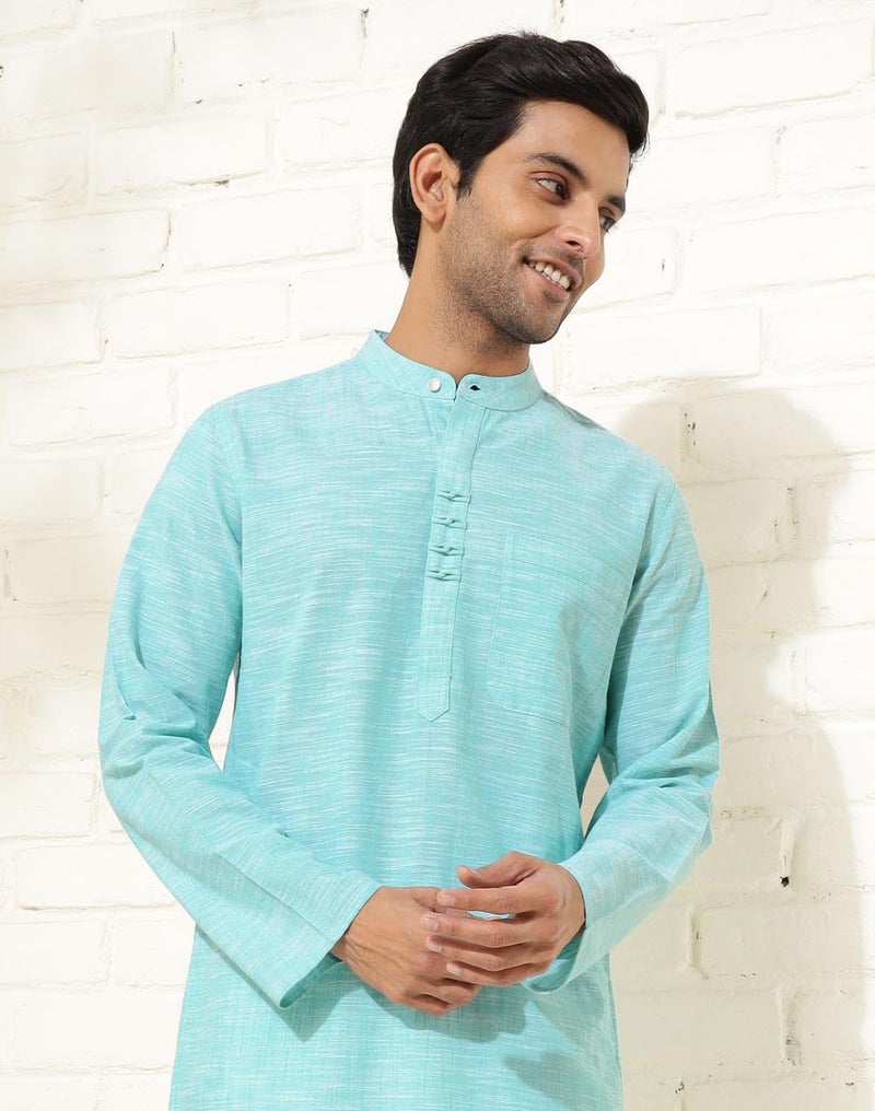 Fabindia Men Teal Mandarin Collar Long Sleeves Kurta - Image 5