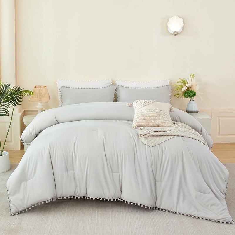 PERFEMET Light Grey Bedding 5 Pcs Full Size Bed in a Bag Set Pom Pom Fringe Boho Comforter with Sheets Ultra Soft Fluffy Down Alternative Solid Bedding Set for Boys Girls(Light Grey, Full) - Image 2