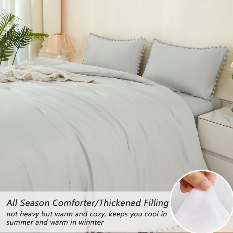 PERFEMET Light Grey Bedding 5 Pcs Full Size Bed in a Bag Set Pom Pom Fringe Boho Comforter with Sheets Ultra Soft Fluffy Down Alternative Solid Bedding Set for Boys Girls(Light Grey, Full) - Image 5